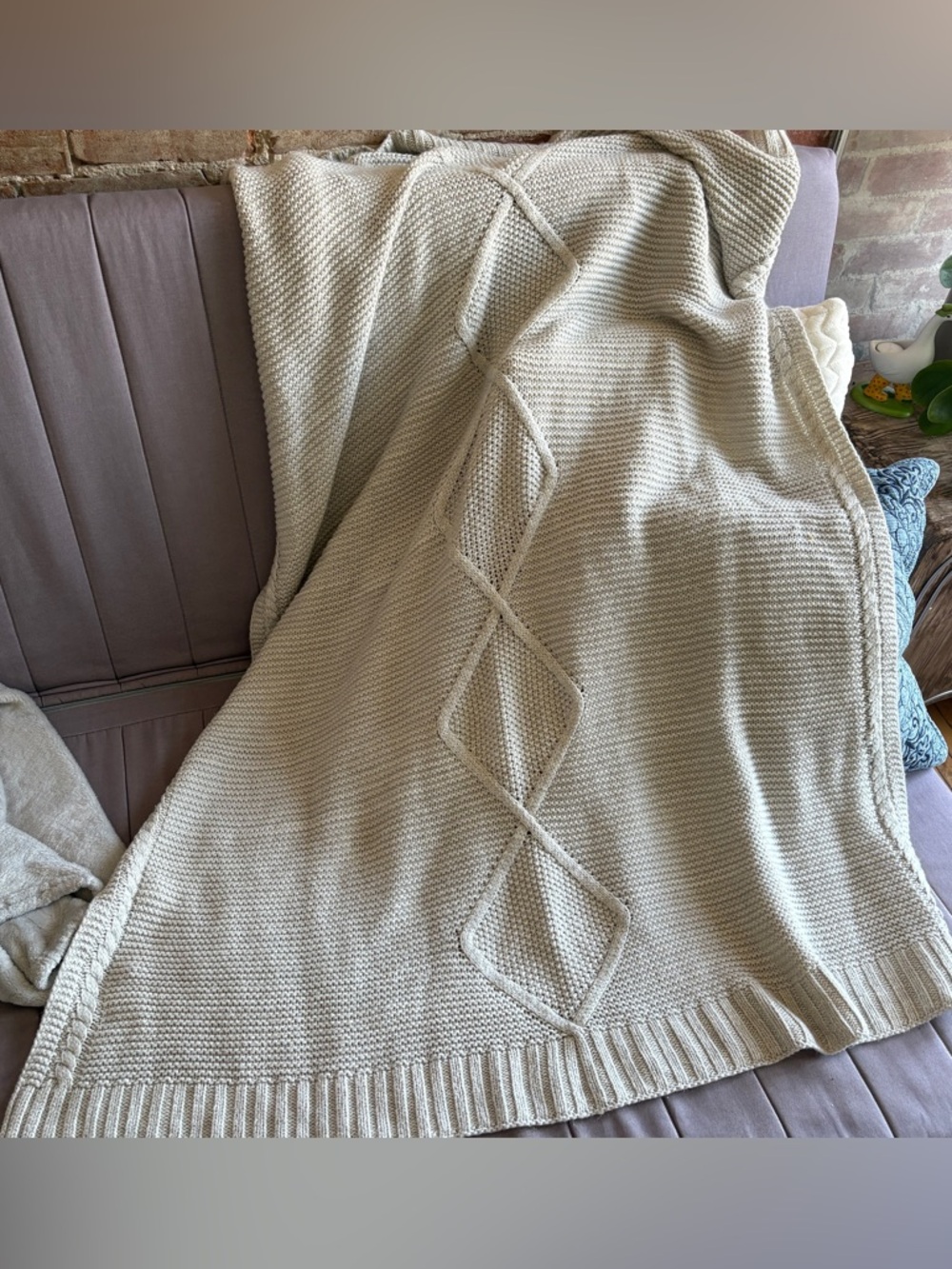 Aerie Textured Cable Knit Throw Blanket in Cream